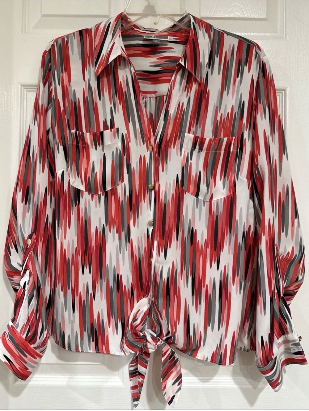 JM Collection LG Roll Tab Sleeve Tie Front Blouse White/Red Multi Abstract